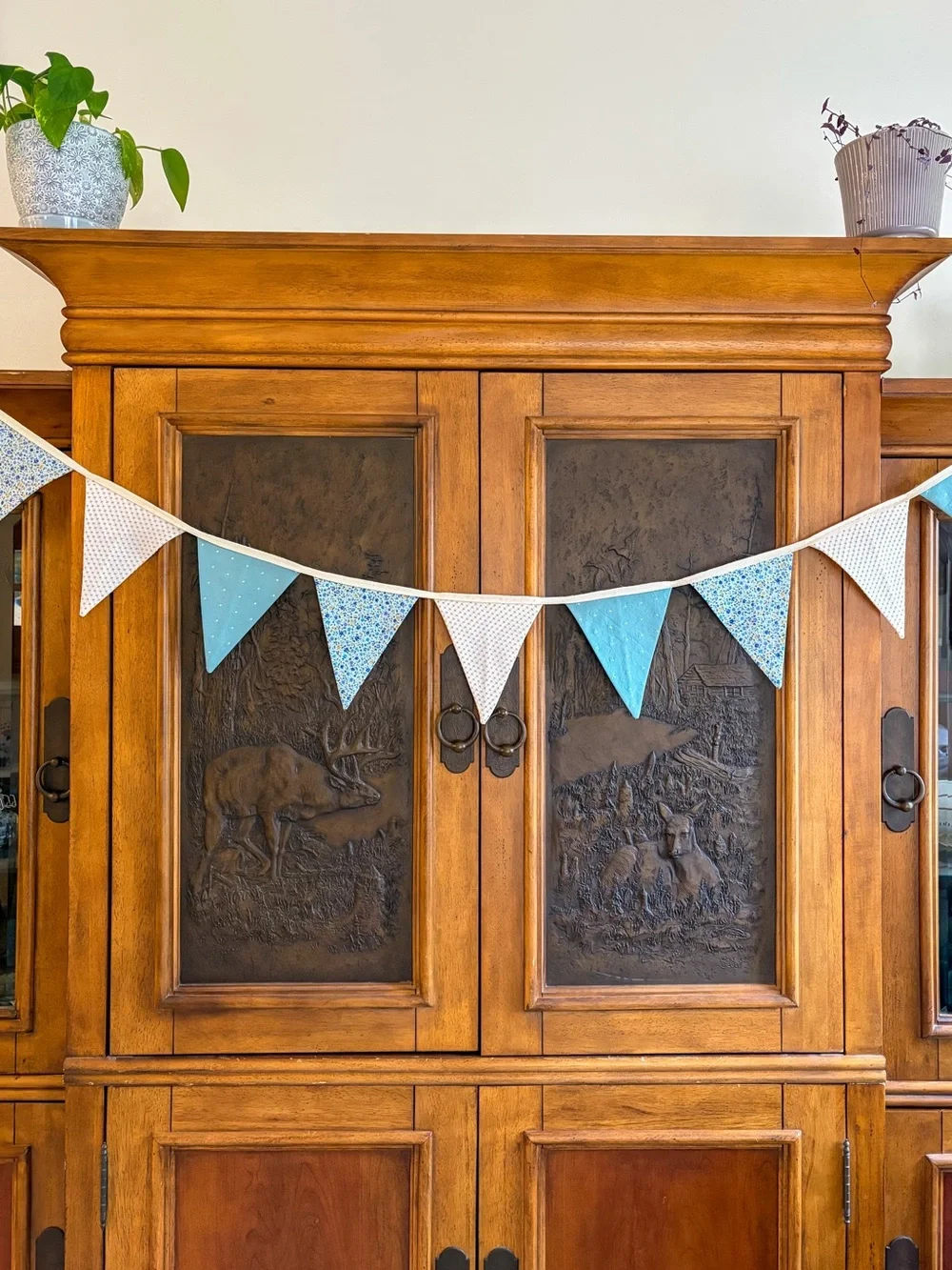 Handmade Blue Floral and Polka Dot Fabric Bunting Banner - Home Party Supplies